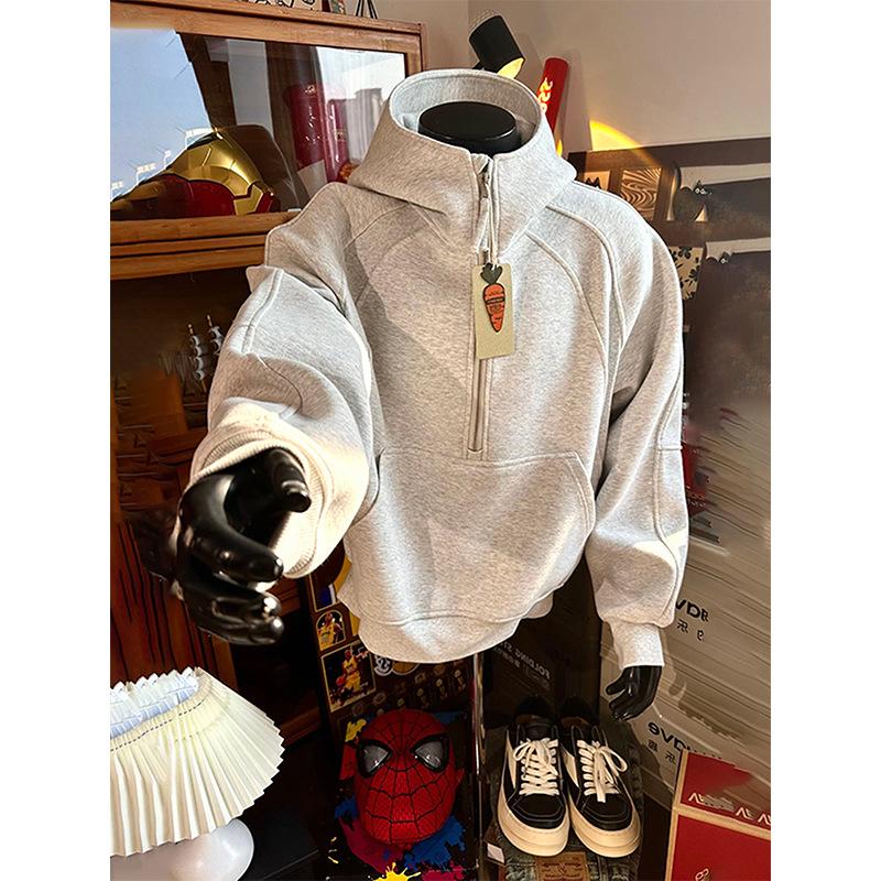 Herren Trendy Herbst Schwere Kapuzenjacke mit Stehkragen und halbem Reißverschluss mit Samtfutter