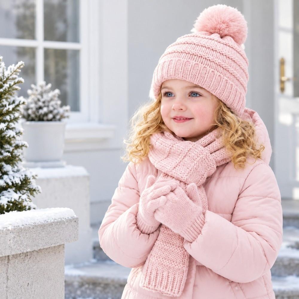 3Pcs/Set Pom Pom Knitted Scarf Gloves Set Soft Cozy Winter Hat Scarf Gloves Kit 2-5Y Baby Kids
