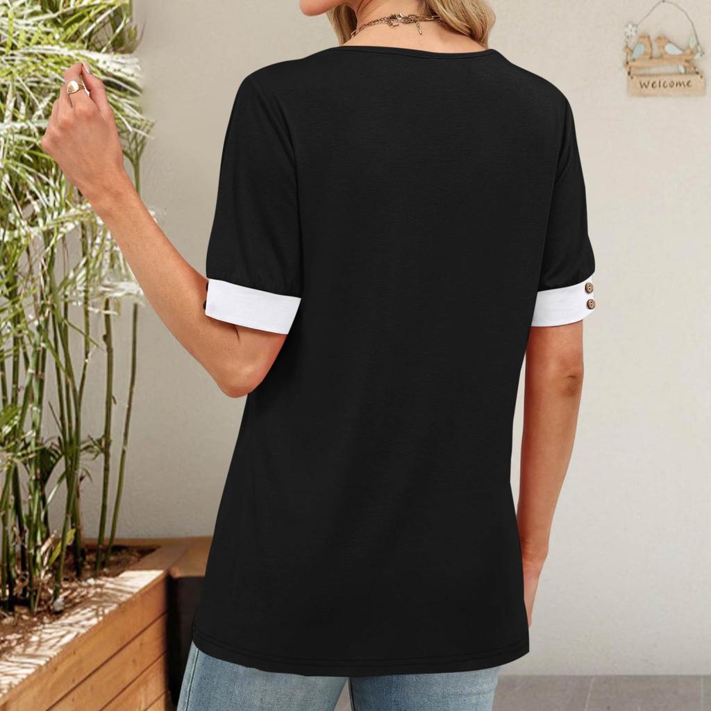 Women's Fashion Casual Short-Sleeve V-Neck Patchwork Pullover Top