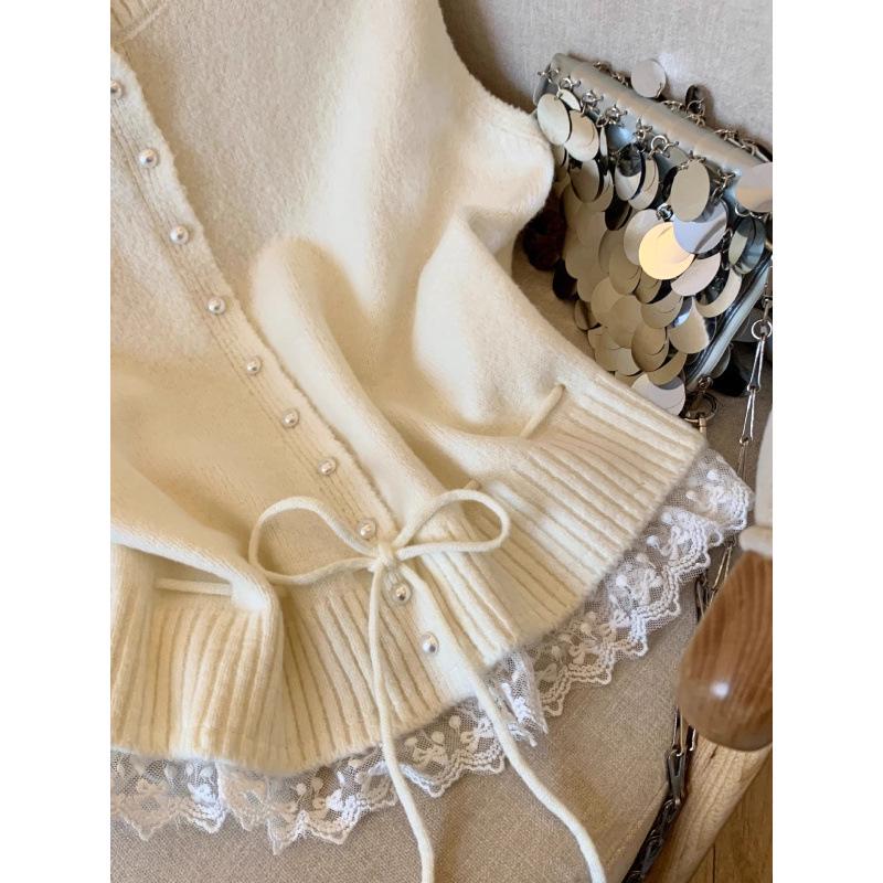 KANING Mjuk stickad väst med spetskant - 2025 Höst/Vinter Lager-tröja