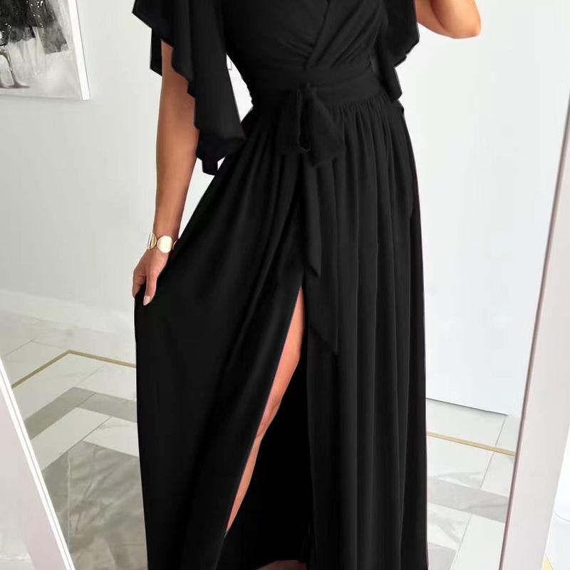 Women's V Neck Maxi Dress Short Sleeve Wrap Front High Slit Elegant Party Dress