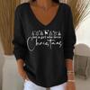 2025 3D Print V-Neck Drop Shoulder Christmas Pullover for Women