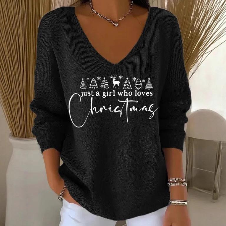 2025 3D Print V-Neck Drop Shoulder Christmas Pullover for Women