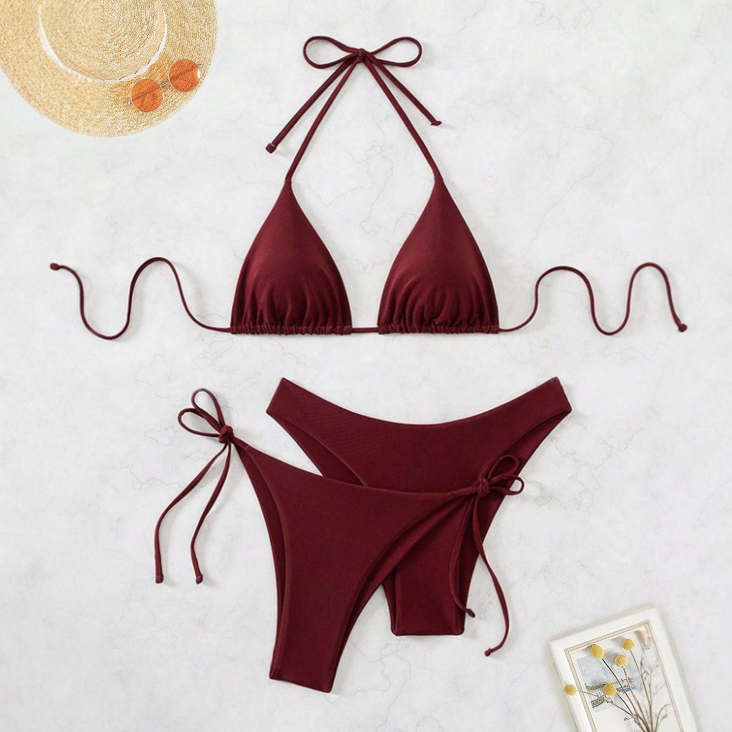 

Women s Solid Color Halter Tie Triangle Bikini Set (3-Piece) Large вино красного