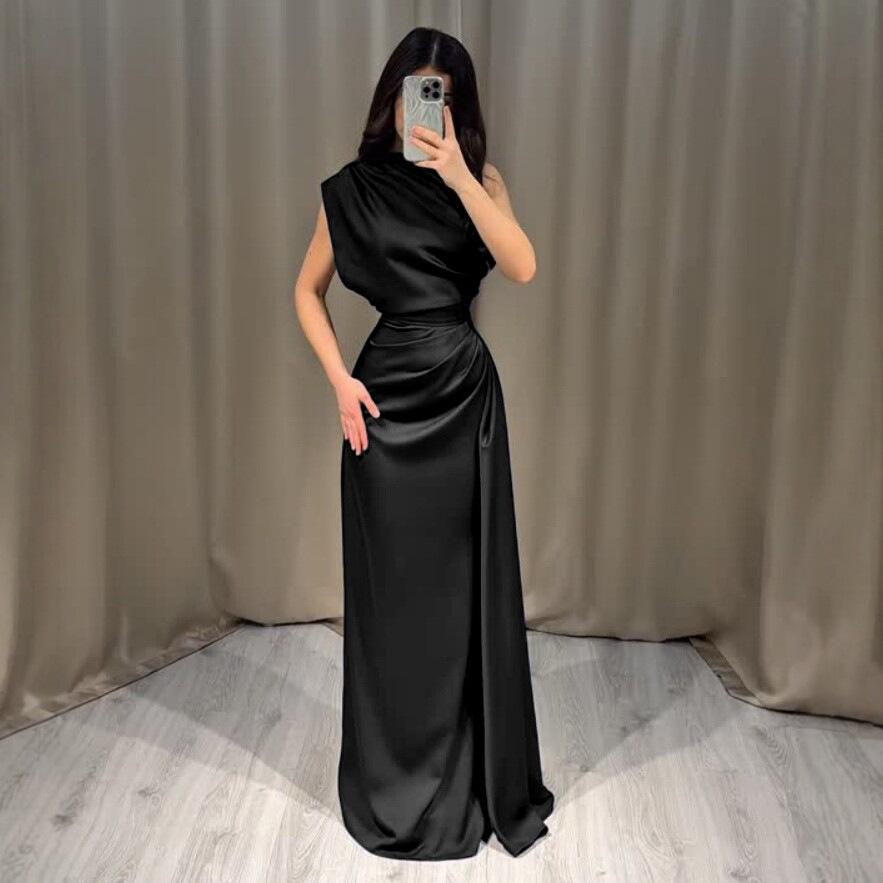 Damen Satin Drapierter Halsausschnitt Ärmellos Maxikleid Raffung an der Taille Bodycon Elegant Bodenlang Abendkleid Formelles Hochzeits-Cocktailparty-Bankettkleid