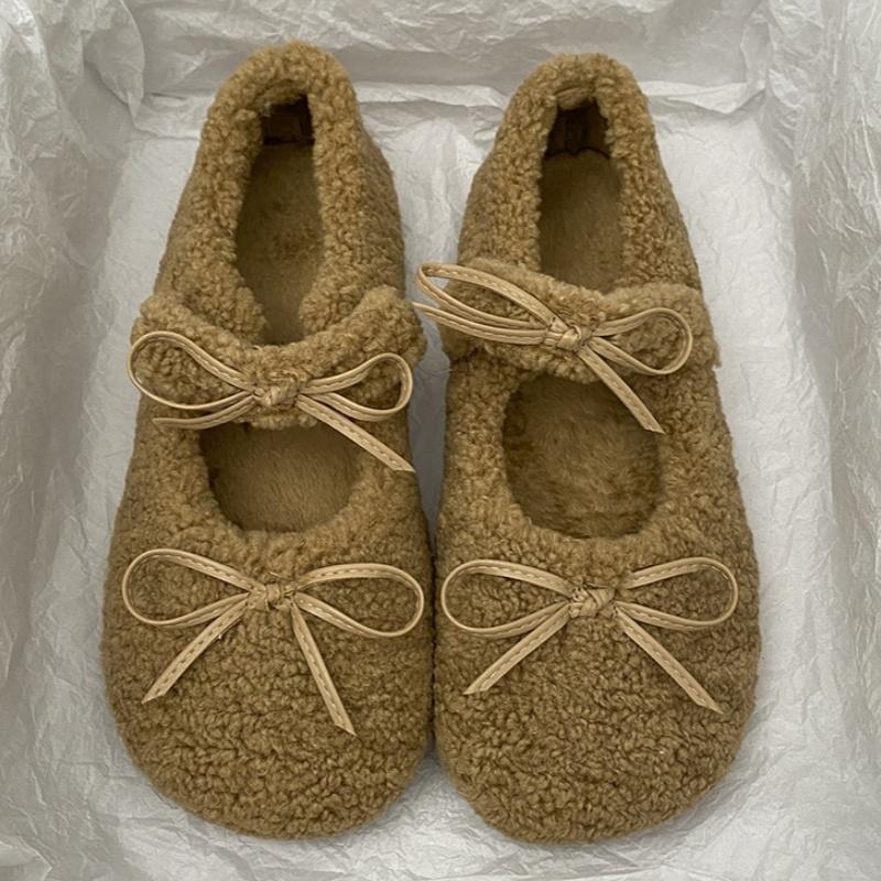 Winter Wool Lamb Women Flats Shoes 2025 Fashion Shallow Slip On Ladies Flats Butterfly Knot Indoor Warm Soft Sole Women Shoes