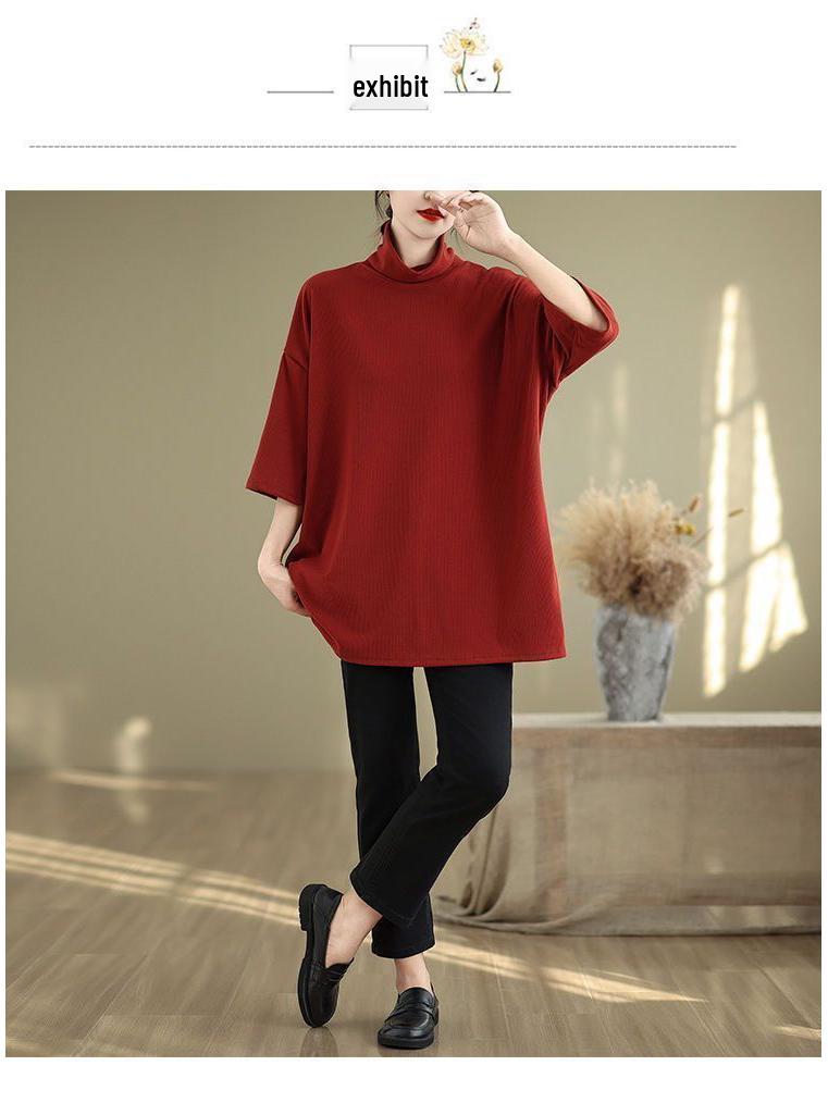 Plus Size Artistic Retro High Neck Short Sleeve Women's T-Shirt - Autumn 2025 Collection, Loose Slimming Fit, Regular Shoulder Base Layer