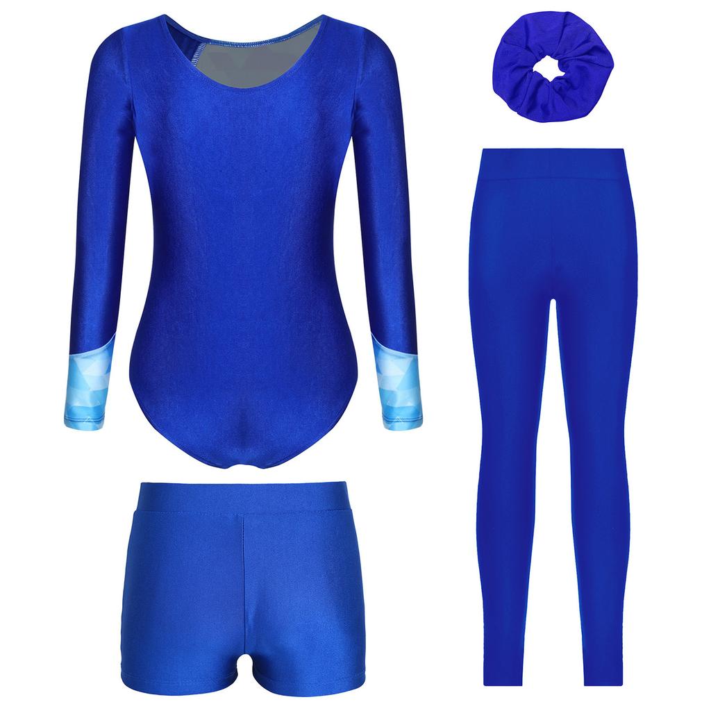 Mädchen Tanz Outfit Langarm Strass Verziert Bedruckt Trikot Shorts Leggings Haargummi Stirnband Gymnastik Auftritt Set