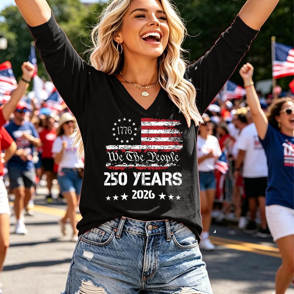 Damen Casual V-Ausschnitt Shirt 250 Jahre Gedenkaufdruck Unabhängigkeitstag Top 1776 bis 2026 Jubiläum Langarm T-Shirt