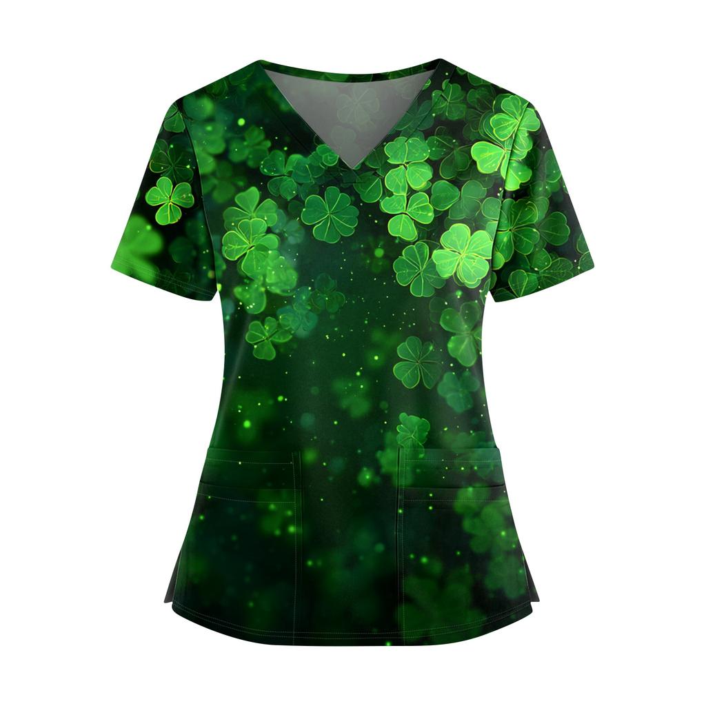 Frauen St. St. Patrick's Day Druck V-Ausschnitt Doppeltasche Kurzarm Uniform Oberteil mit geschlitztem Saum