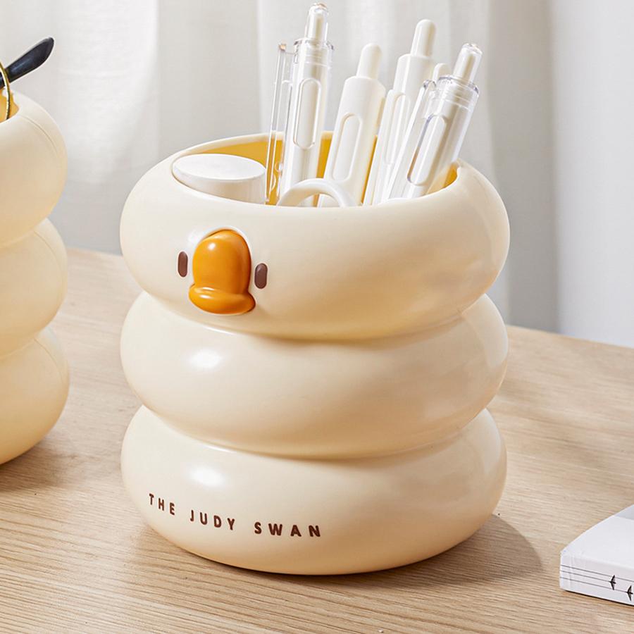 1pc Round Cartoon Duck Style Pen Container Large Capacity Stationery Storage Container for School Office Signature Pen Storage
