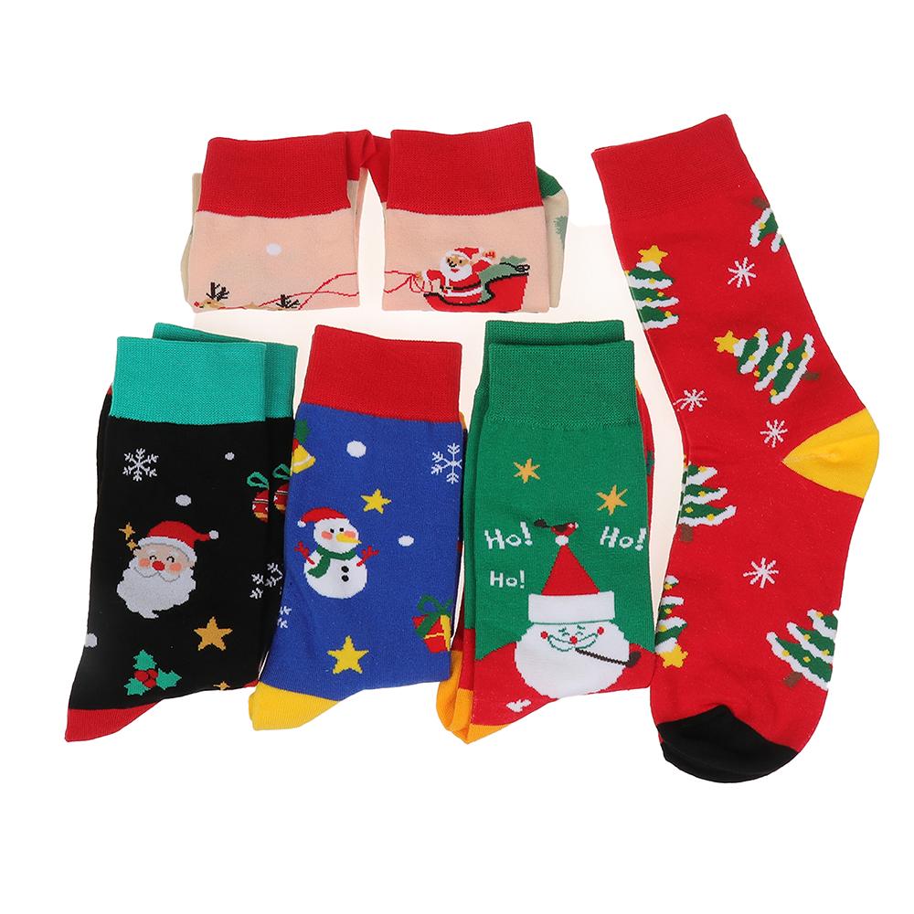 5 Pairs Set Christmas Crew Socks for Women, Cute Santa Snowman Xmas Tree Printed Cotton Socks, Winter Warm Casual Fashion Socks
