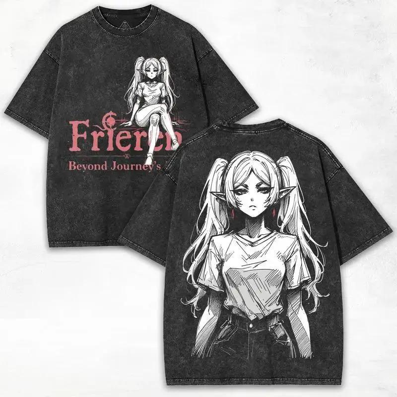 Фрирен: Футболка с аниме-принтом Beyond Journey s End для мужчин, винтажная, с эффектом потертости, свободного кроя, из высококачественного хлопка. XXL чёрный