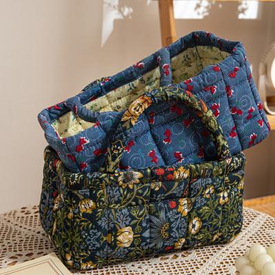 Quilted Floral Storage Basket Fabric Foldable Storage Tote with Handles Boho Collapsible Basket for Nursery Toys Towels Clothes Storage