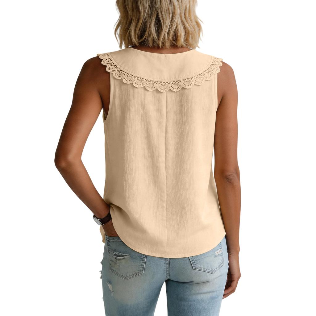 Women's Loose-fitting Color Fashionable Design Collared Lace Button Sleeveless Top