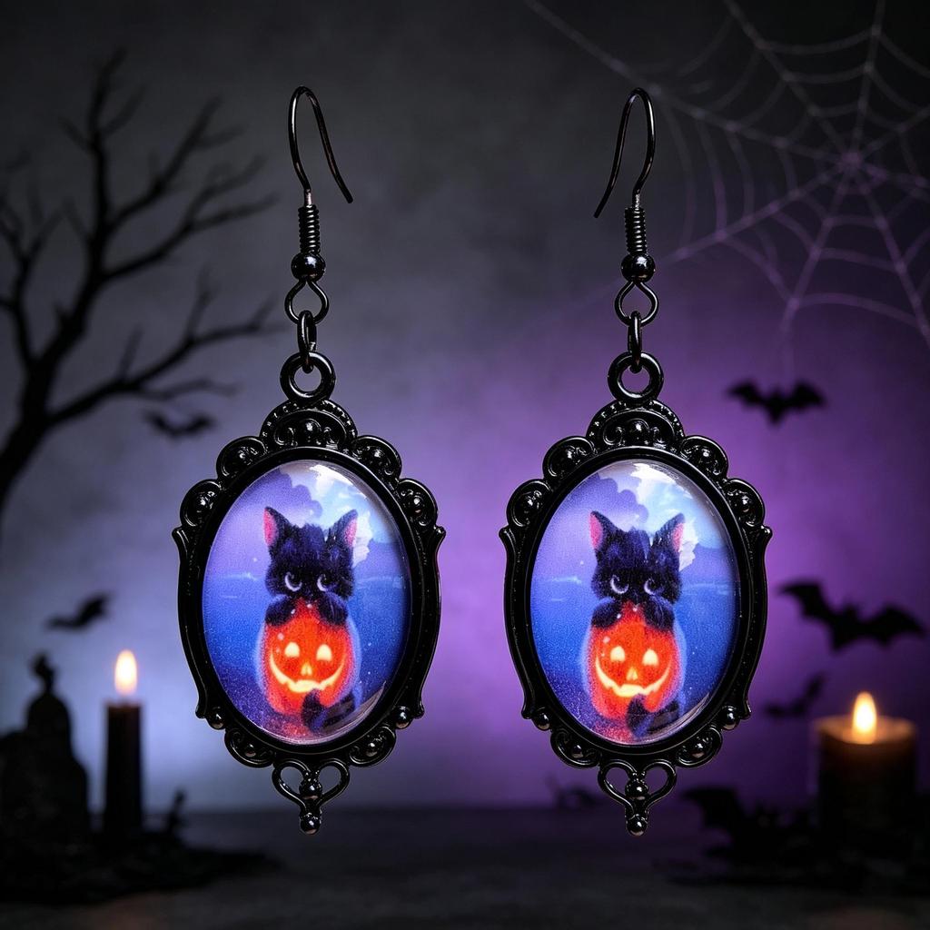 Gothic Black Cat Time Gem Earrings - Halloween Pendant Accessories