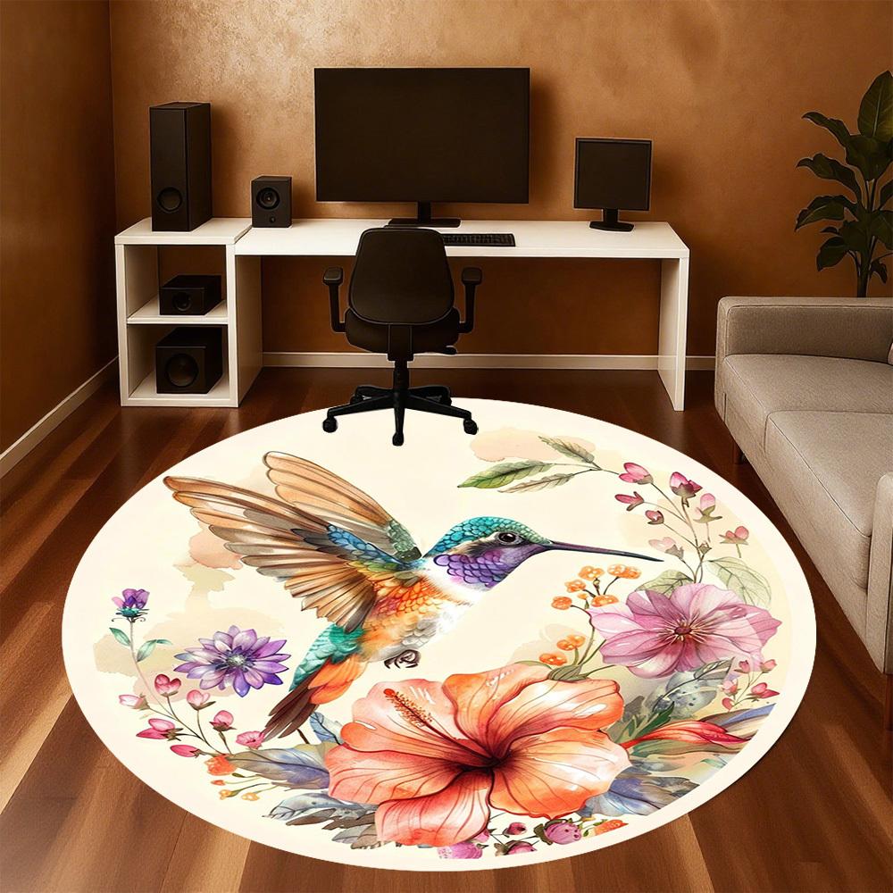 1pc Hummingbird Flowers Round Chair mat office Area Rug - Non-Slip, Floor Mat for Office, Bedroom, Ideal home decor gift c0112148