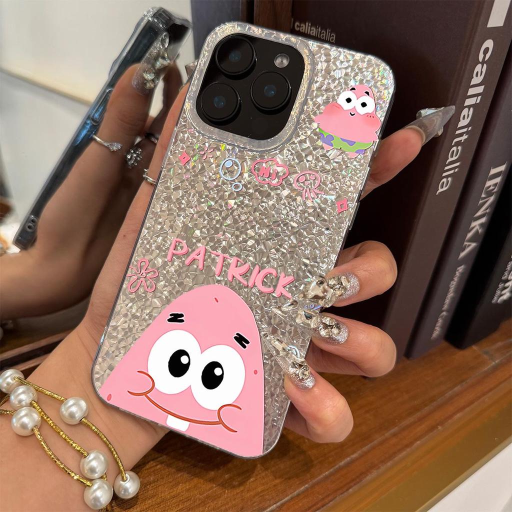 Case for Iphone XS Max 12 15 17 Pro 11 Air 18 Pro Max 13 14 16 Plus XR Silver Glitter Crackle Background Pouting Patrick