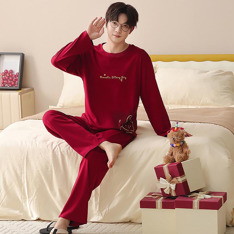 Wine Red Pure Cotton Long Sleeve Pajama Set for Newlywed Couples - Spring & Autumn Festive Homewear