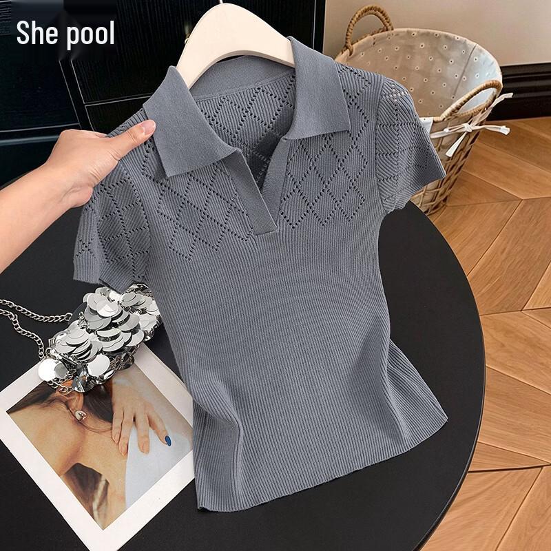 Women s Slim Fit Hollow Knit Short Sleeve Ice Silk T-Shirt S