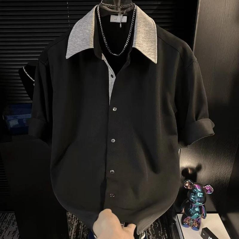Men's White Short Sleeve Shirt Rhinestone Collar Casual Loose Button-up Top