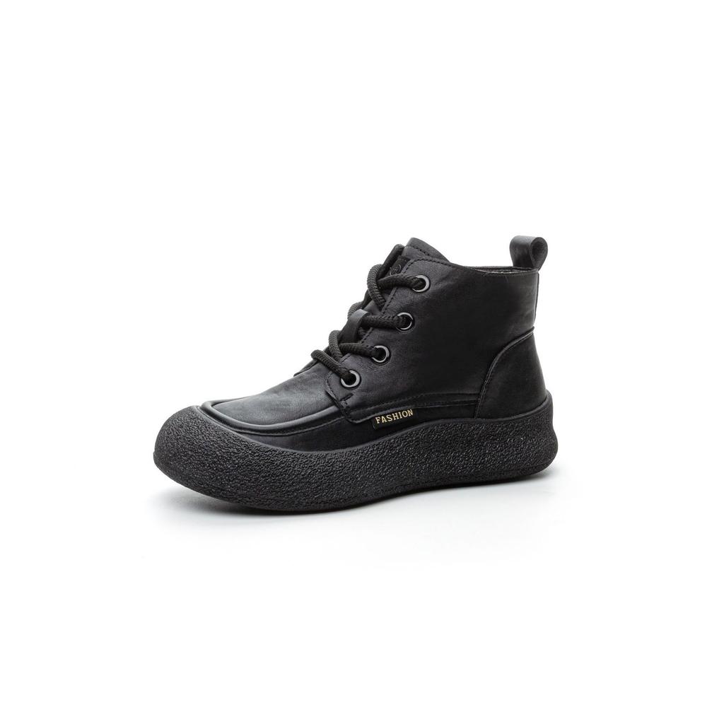 Fashion retro literary soft leather thick-soled Martin boots soft-soled side zipper lace-up small cotton boots