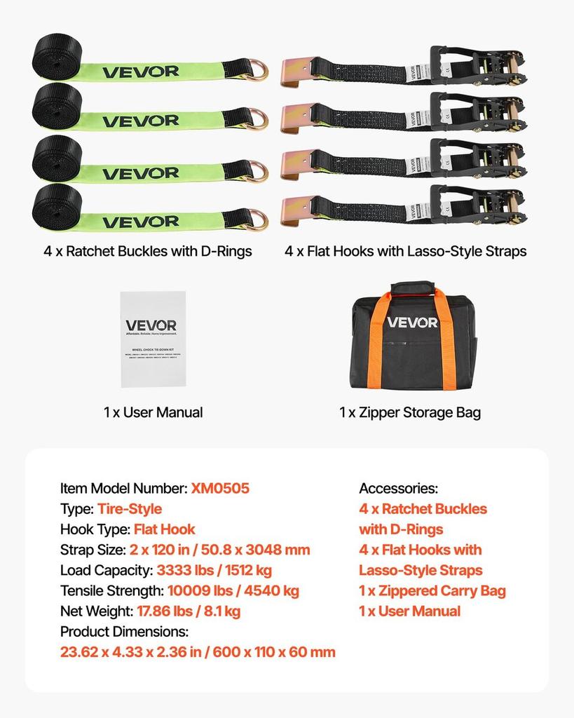 Wheel Chock Tie-Down Kit, Tire-Style Trailer Tie Down Strap, Car Tie Down Kit with Flat Hook, Break Strength 4540 Kg & Working Load 1512 Kg Motorcycle