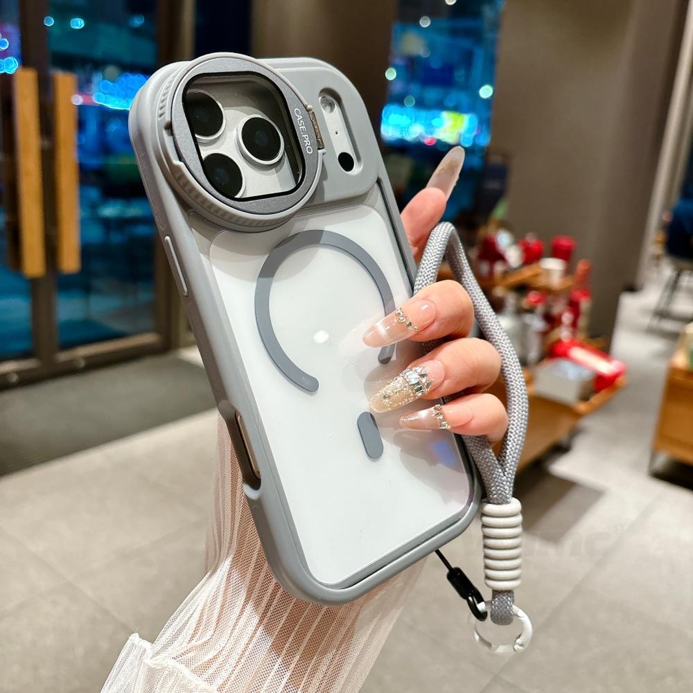 Fold Glass Lens Stand Magnetic Transparent Case For iPhone 17 16 15 14 13 12 11 Pro Max For Magsafe Wrist Strap Shockproof Cover