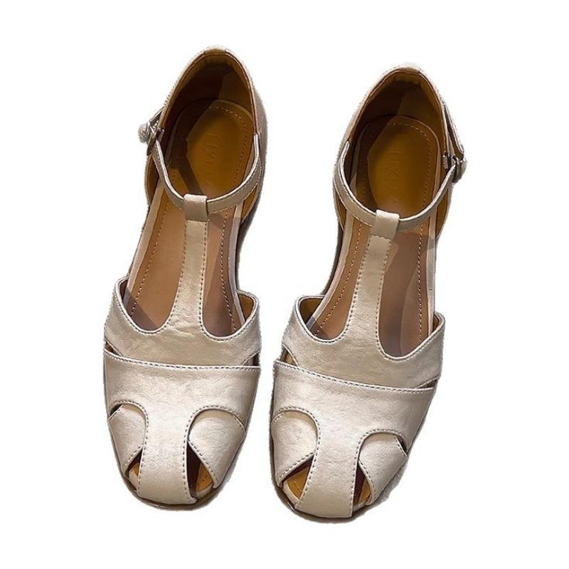 Sheepskin version~ retro round head hollow summer leather sandals women's one-word with hollow thick heel literary style bag head shoes