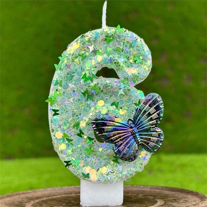1Pc Green Sequins Number 0-9 Butterfly Cake Candles Birthday Party Decoration Favors Cupcake Topper Cake Decor Supplies