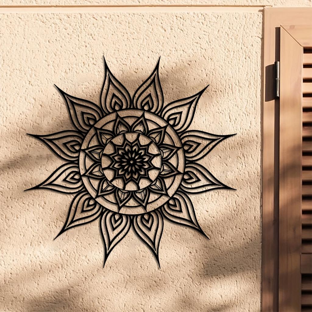 Sun Mandala Metal Wall Art Black Floral Geometric Design 15.74 Inch Outdoor Indoor Home Garden Gift