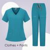 Women's Short Sleeved Solid Color V-Neck Pocket Top Pants Work Clothes Two Piece Set