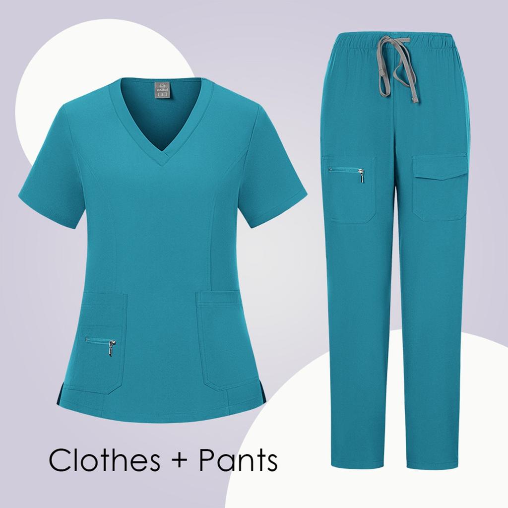 Women's Short Sleeved Solid Color V-Neck Pocket Top Pants Work Clothes Two Piece Set