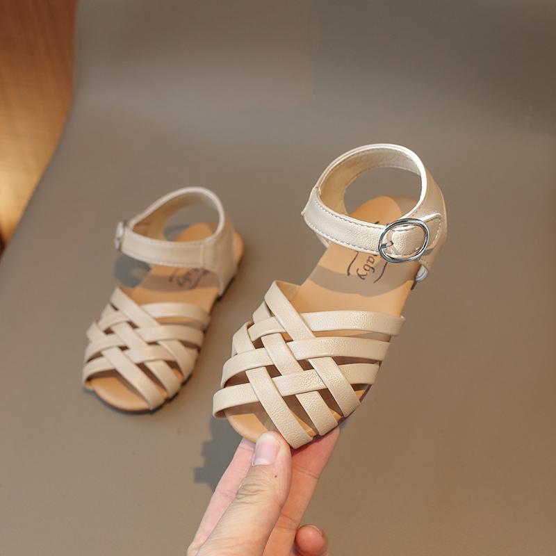 Girls' Sandals 2024 Summer New Children's Buckle Open Toe Beach Shoes Soft Bottom Woven Little Girl Princess Shoes