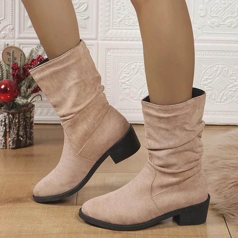 Women's Shoes on Sale Sleeve Women's Boots Autumn Round Toe Suede Solid Middle Tube Chunky Heels Fashion Boots Zapatos De Mujer