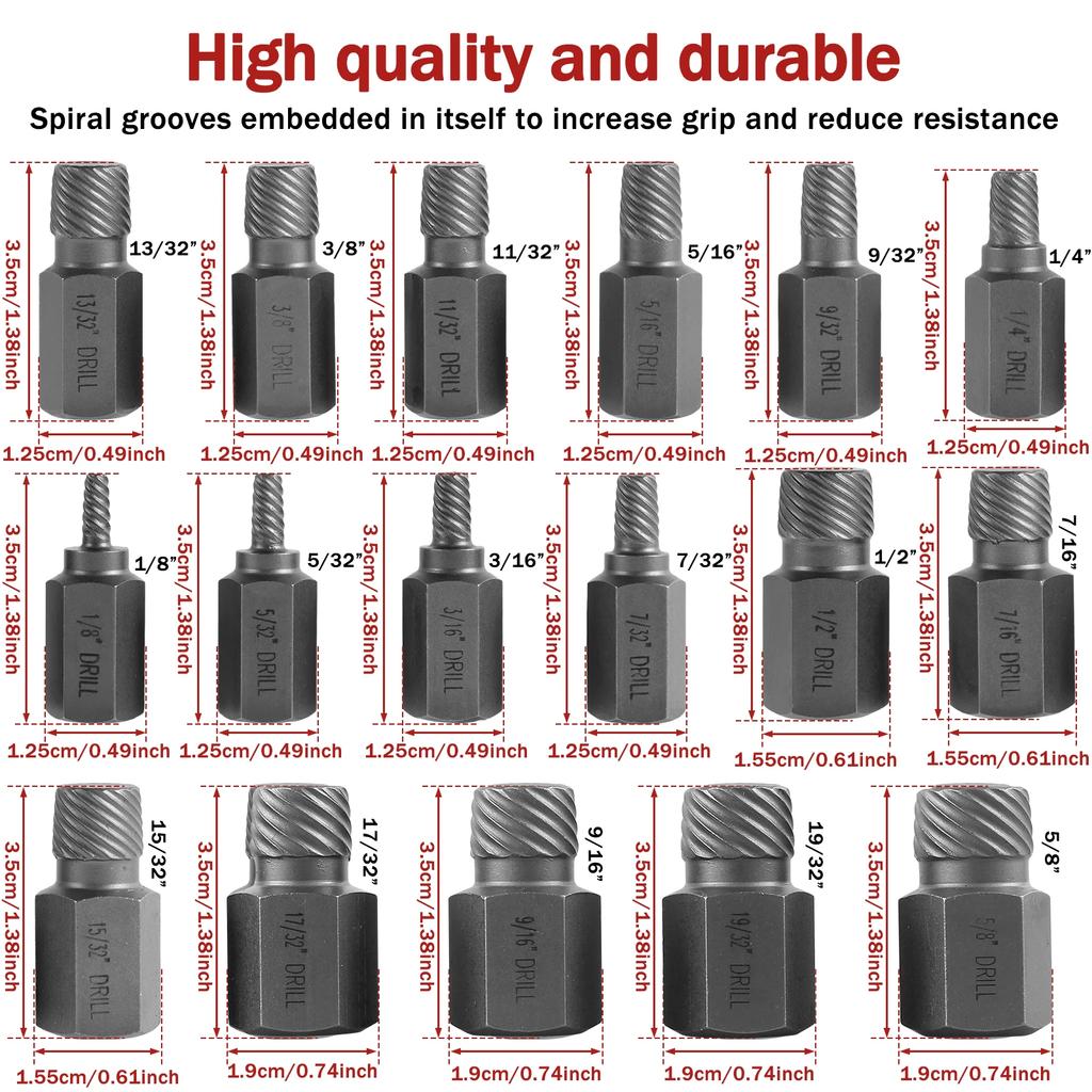 17Pcs Screw Extractor Set Hex Head Easy Out Bolt Extractor Set Portable Damaged Bolt Nut Remover Tool for Broken Bolts Studs