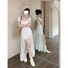 White Ballet-Style Square Neck Dress with Tie-Up, Puff and Long Sleeves, Ruffles, Women's Summer Skirt