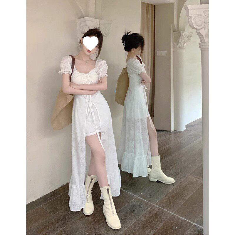 White Ballet-Style Square Neck Dress with Tie-Up, Puff and Long Sleeves, Ruffles, Women's Summer Skirt