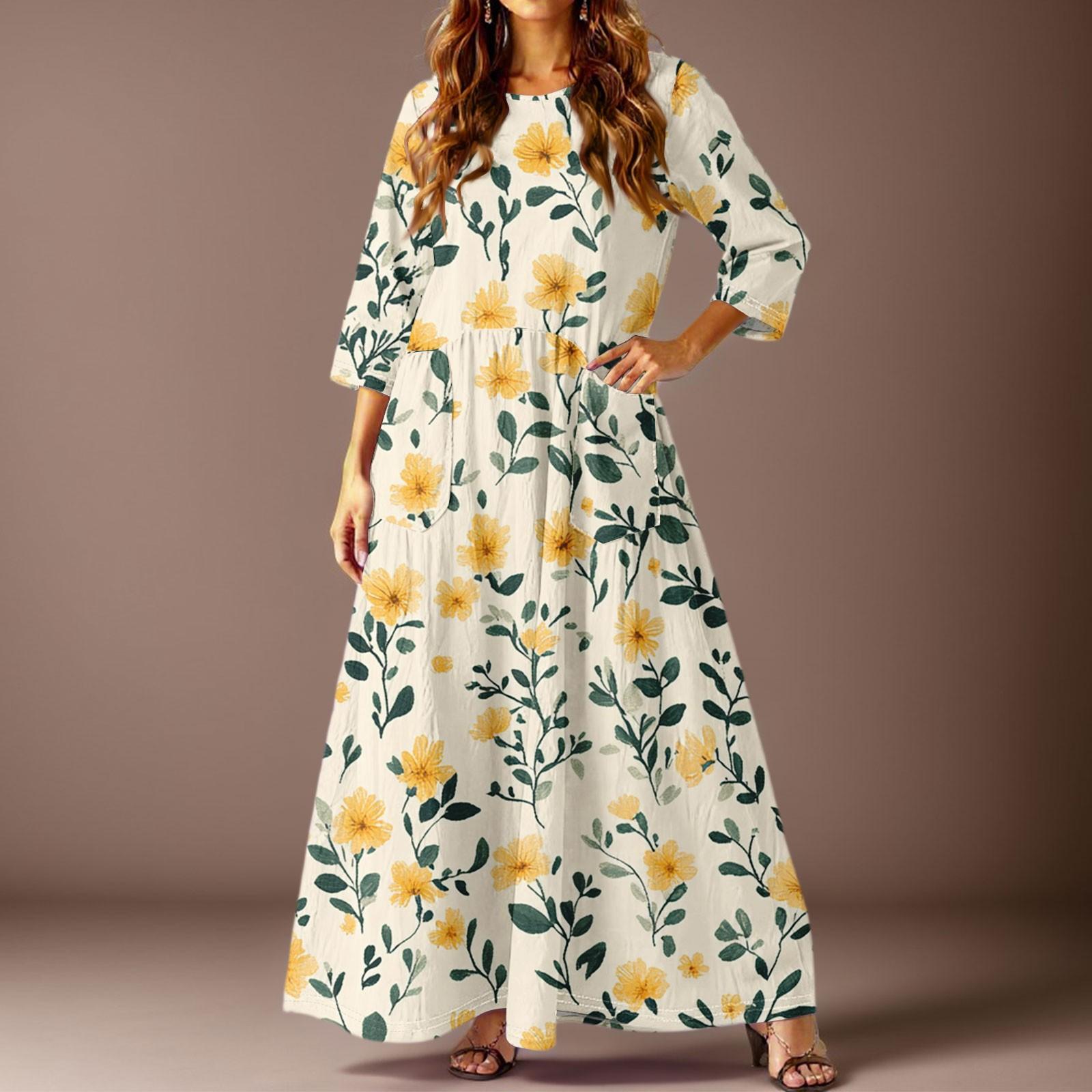 

Женское повседневное модное платье с цветочным принтом, рукавом три четверти и карманами XL жёлтый