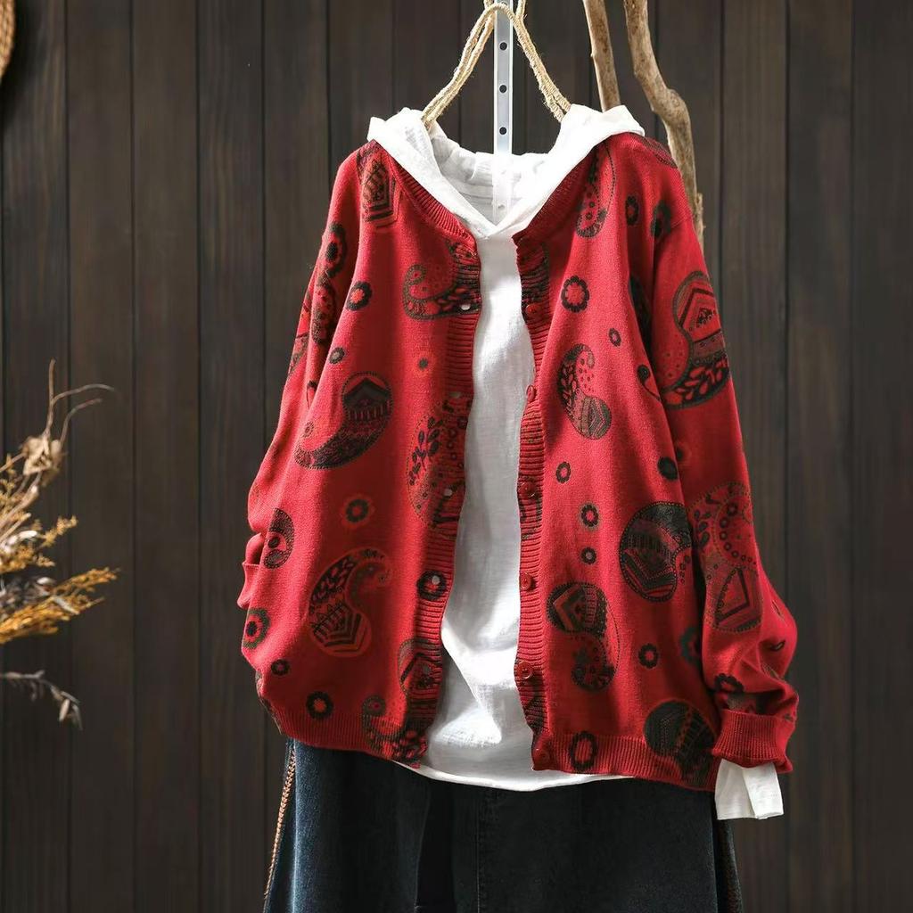 Johnature Women Vintage Knitted Sweaters O-Neck Long Sleeve Autumn Button Print Floral Female Loose Sweaters