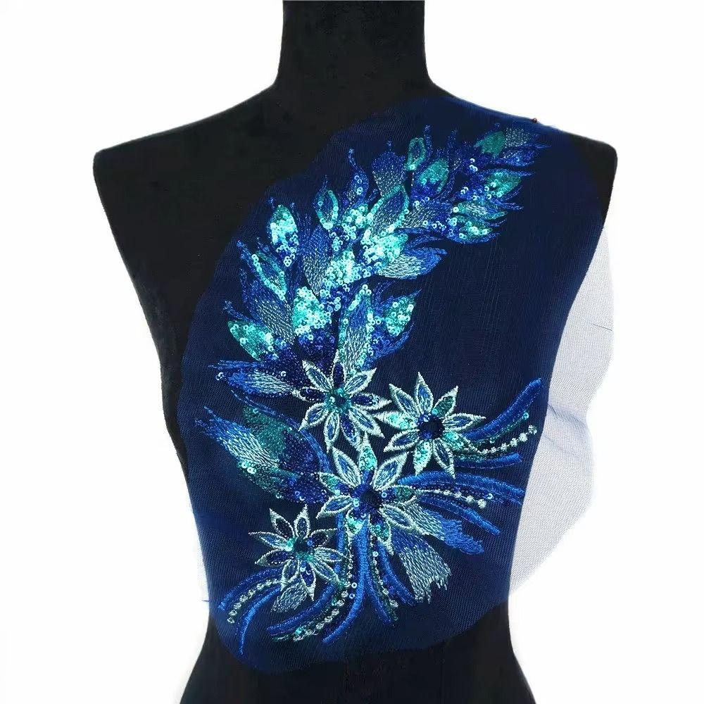 Blue Black Gold Embroidered Floral Patches DIY Sequins Patches  Wedding Gown Decoration DIY