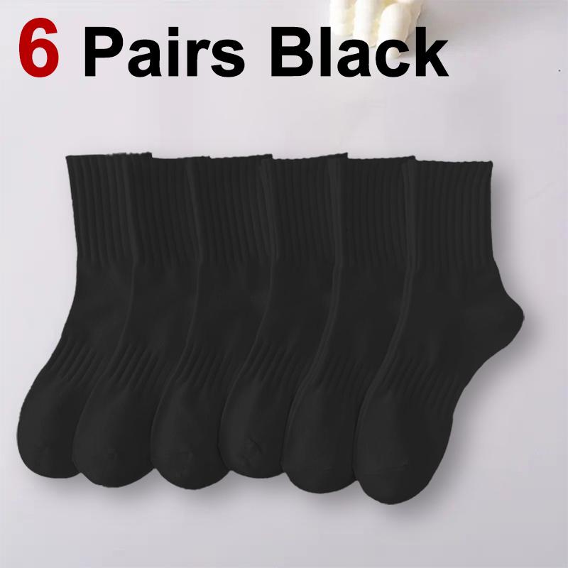 6/12 Pairs Men Solid Color Mid Tube Socks Fashionable Black White Color Sweat Absorbing Soft Comfortable Casual Sports Socks