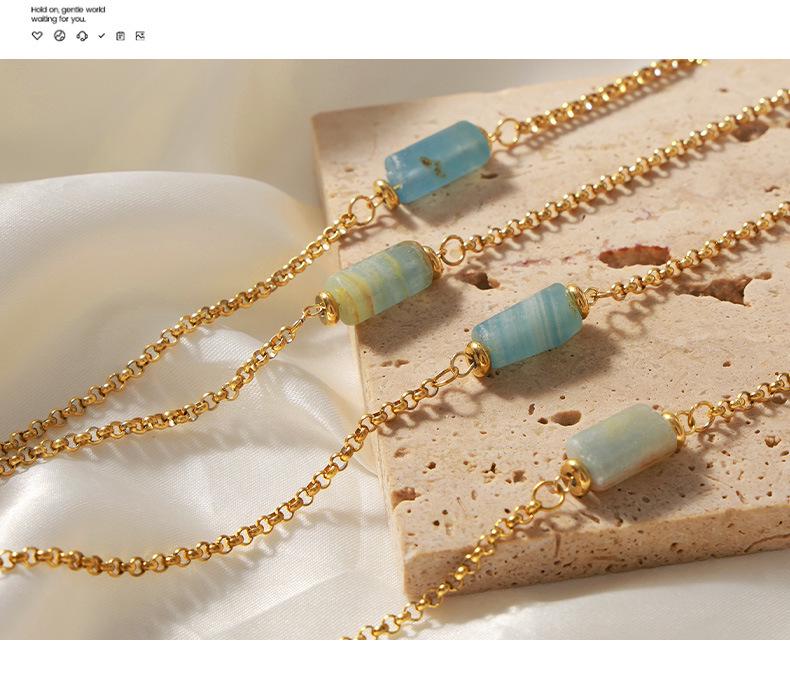 European-American Retro Geometric Natural Stone Pendant Necklace in Gold-Plated Titanium Steel