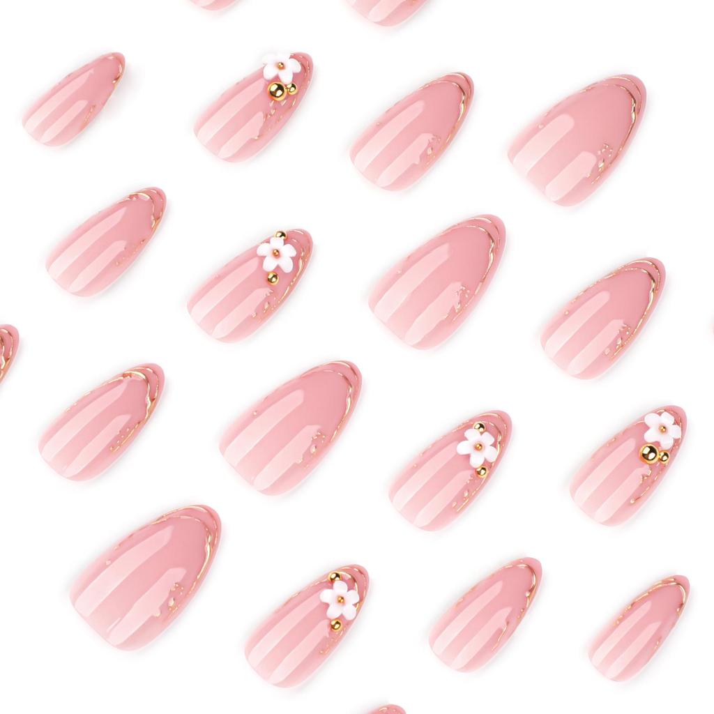 3D Hot Stamping Floral Nail Tips – Short Almond-Shaped Wearable Fake Nails