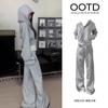 Womens 2-Piece Casual Set Fall 2026 Korean Style Hooded Cropped Sweatshirt Wide Leg Pants Gray Mix