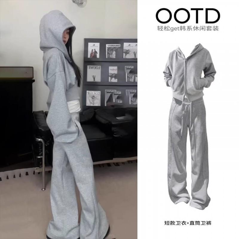 Womens 2-Piece Casual Set Fall 2026 Korean Style Hooded Cropped Sweatshirt Wide Leg Pants Gray Mix