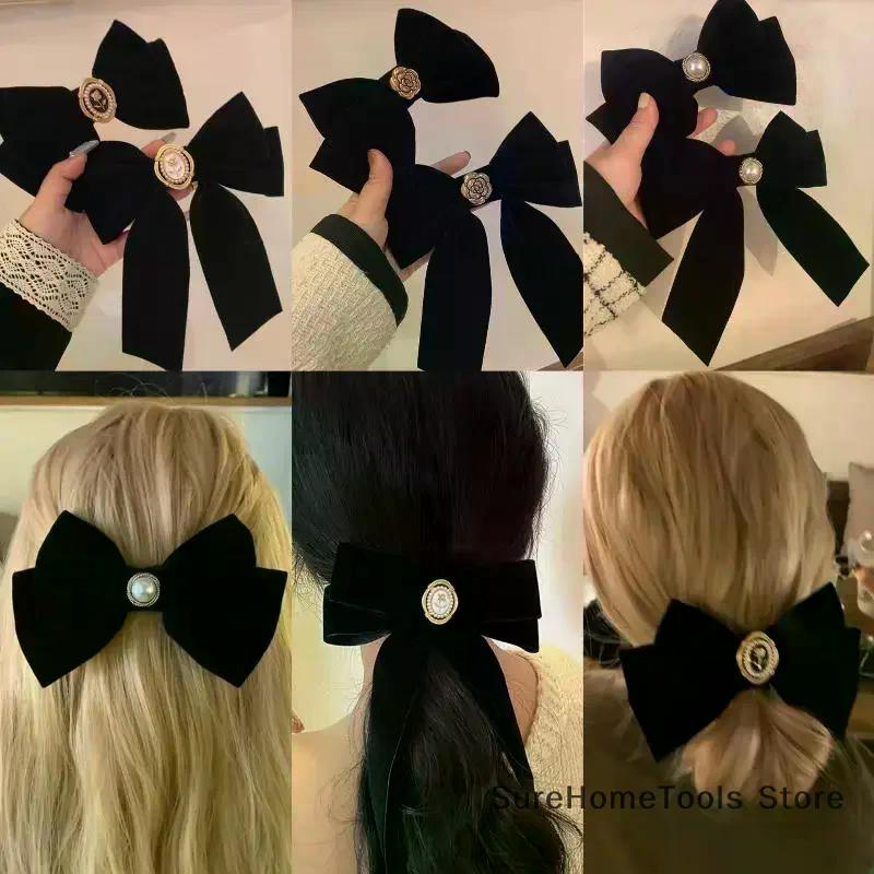 Nouvelles épingles à cheveux en velours noir avec nœud et ruban, élégantes pinces à cheveux camélia en tissu pour femmes, accessoires de coiffure tendance pour queue de cheval