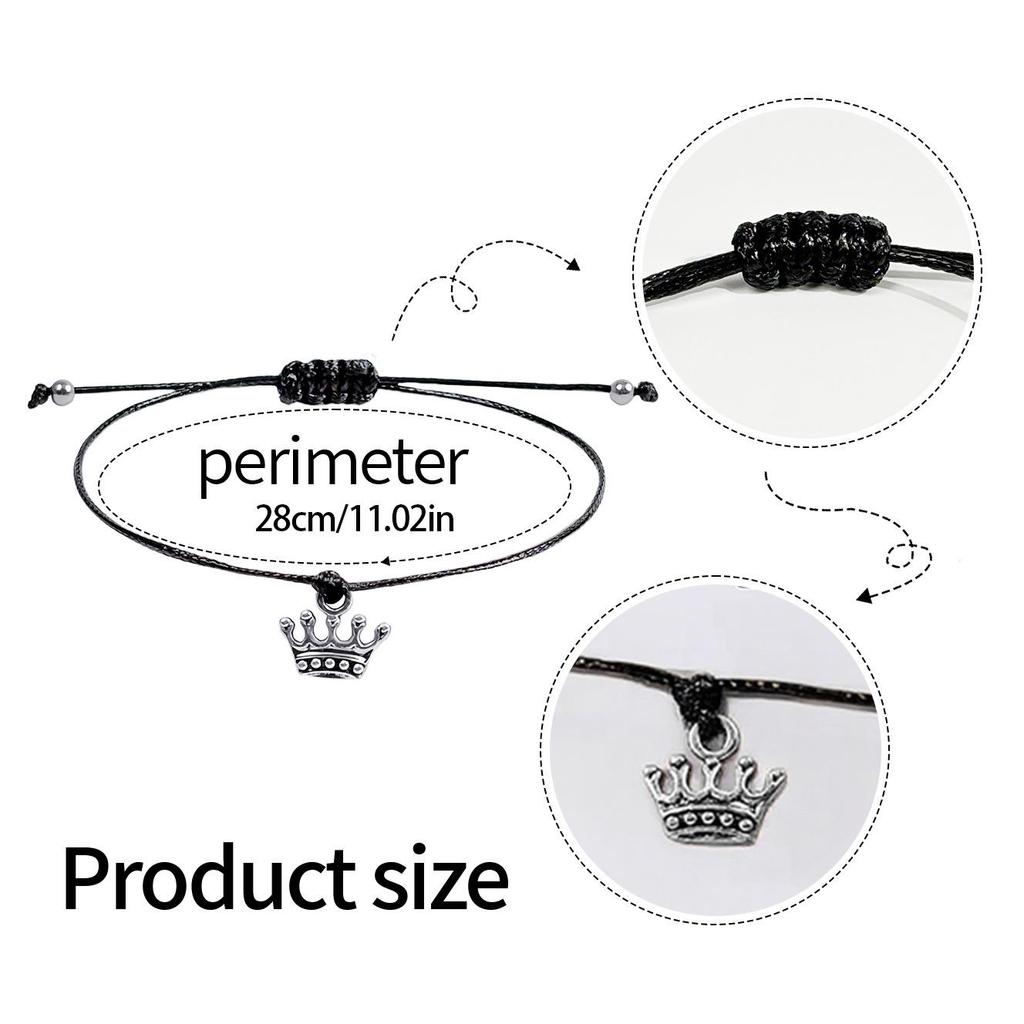 Adjustable Zinc Alloy Crown Black Waxed Cord Bracelet