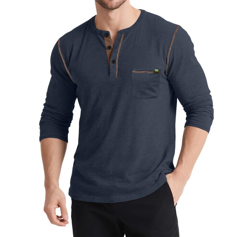 Men's Autumn and Winter Long-sleeved Henley Retro T-shirt Three-button Pocket Top