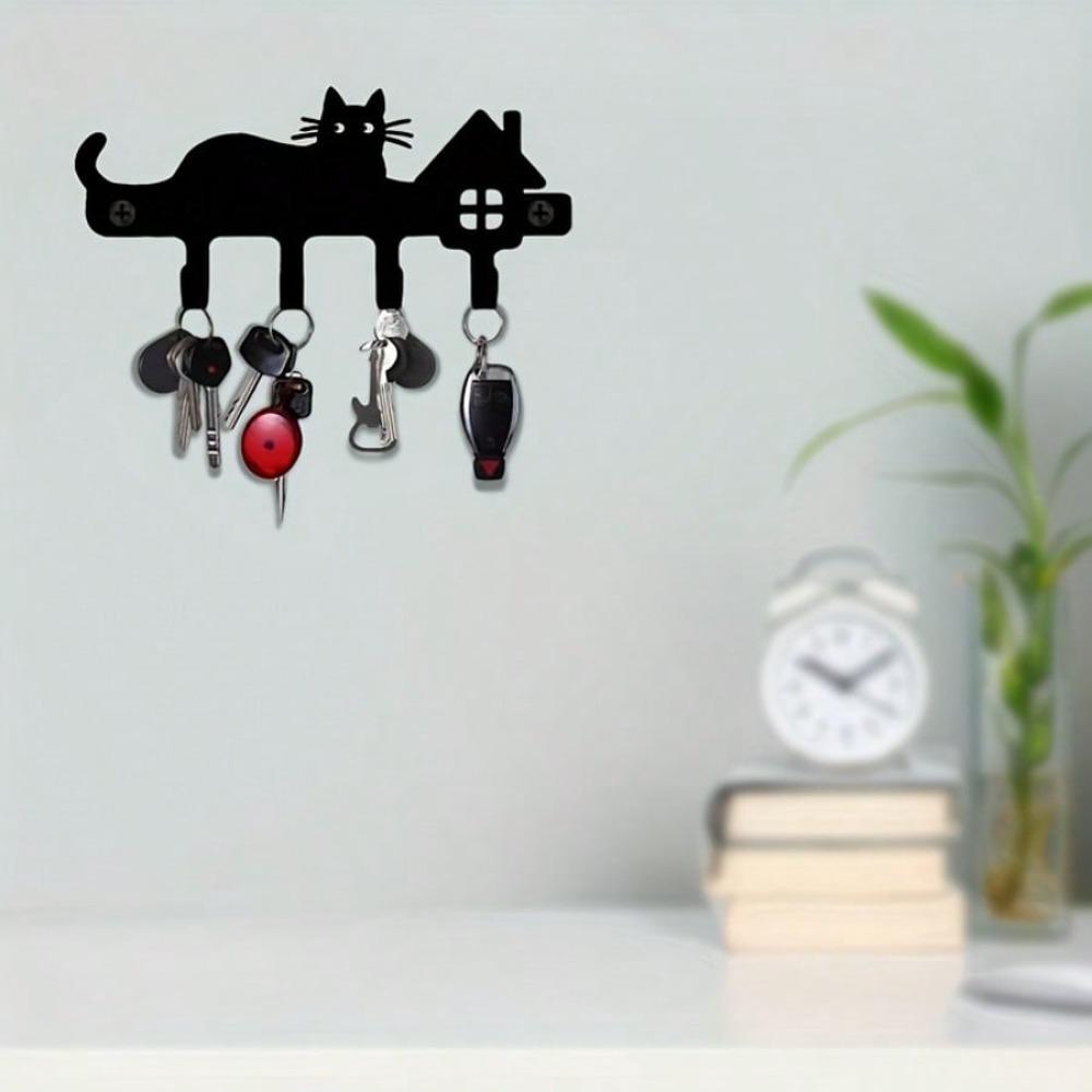 Metal Wall Key Holder with Cat Silhouette Heavy Duty Key Hooks for Entryway Kitchen Garage Storage